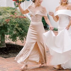 Revelry Gold Champagne Bardot Bridesmaids Dress